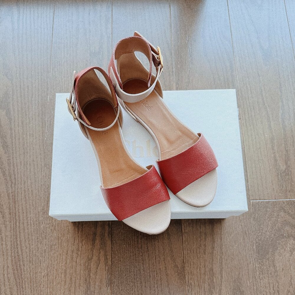 Chloe Gala Two Tone Leather Ankle Cuff Flat Sandals